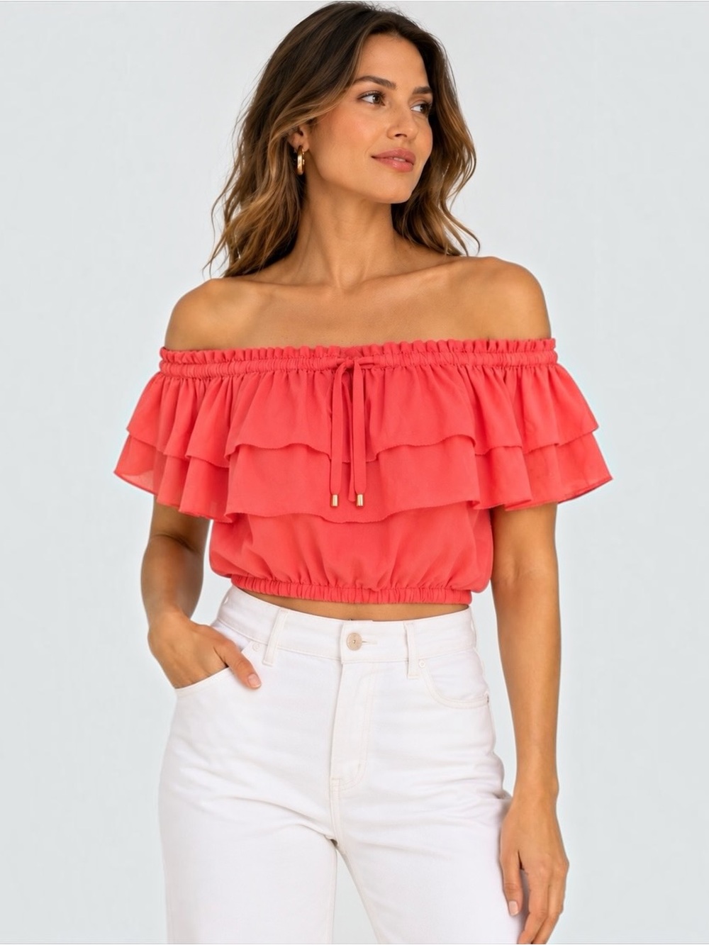 NWT Trina Turk Solange 2 Coral Ruffle Off Shoulder Crop Top XL